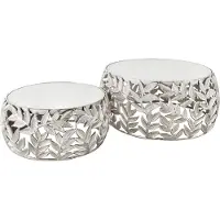 Invicta Ronde set van 2 salontafels ABSTRACT LEAF 70cm Wit Zilver Marmer Metalen Blad Design - 43817