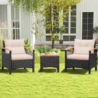Laura 3-delige Tuin Loungeset Rotan – 64 x 60 x 74 cm – Met Tafel 44,5 x 44,5 x 42,5 cm – PE Rotan Bistroset met Kussens, Stalen Frame & Acaciahouten Tafelblad – Bruin –