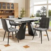 Sweiko Eetgroep (5-delig), Eettafelset, Uitschuifbare eettafelset voor 4 personen, Eettafel 160×80×75 cm met 4 eetkamerstoelen, Grijze fluweel eetkamerstoelen, Grijze tafel met kolompoten