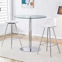 MODFU - Barset - Ronde Glazen Tafel Met 2 Barkrukken - Modern - Voor Eethoek Of Lounge - Glas En Metaal - Zilver Transparant - 89 Cm