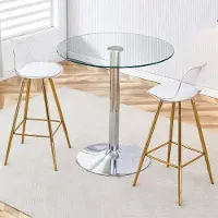 MODFU - Bartafelset - Rond Glazen Tafelblad En 2 Barkrukken - Modern - Voor Bar Of Eethoek - Glas En Metaal - Transparant Goud Zilver
