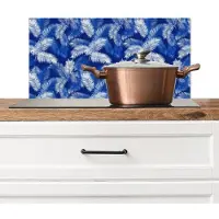 KitchenYeah Spatscherm keuken 60x30 cm - Kookplaat achterwand Palmblad - Patroon - Blauw - Muurbeschermer - Spatwand fornuis - Hoogwaardig aluminium