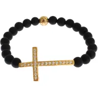 Nialaya Matte Onyx Steen Gouden CZ Kruis 925 Zilveren Armband