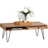 Wohnling Salontafel BAGLI Massief Acaciahout 110 cm breed Woonkamertafel Design Metalen Poten Landelijke Stijl Bijzettafel Lade