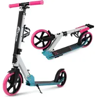 Malplay Grote stadsroller met draagriem, remmen, bekerhouder, geschikt voor kinderen en volwassenen tot 100 kg, inklapbare step, roze/blauw