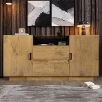 MODFU - Dressoir - 2 Laden, 2 Kasten En Open Vak - Modern - Woonkamer - Hout, Glas En Metaal - Licht Eiken - 140 x 40 x 70 cm