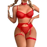 ITImport Damen lingerie set: BH, choker, dijbanden, tailleband, rood, maat S