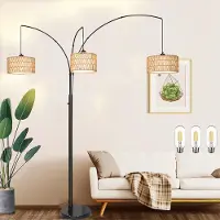 Lapamax LED-vloerlamp, rieten staande lamp, gebogen verstelbare booglamp met 3 lampen, vloerlamp met dubbele lampenkap, leeslamp, knopschakelaar