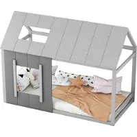 Youjia 90 x 200 cm kinderbed, kinderbed in de vorm van een huis, eenpersoonsbed met een platte bodem, dak en ramen, donkergrijs + lichtgrijs