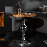 Invicta Design bijzettafel EXTRAVAGANCIA 50cm massief mangohout ronde metalen kolomvoet zilver - 39090