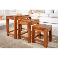 Invicta Massief houten bijzettafels Set van 3 MONSOON 45 cm bruine salontafel met sheeshamstenen afwerking - 40794