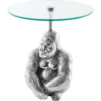 Invicta Ronde bijzettafel KONG 50cm zilverkleurig metalen glazen aapfiguur gorilla sculptuur - 43204