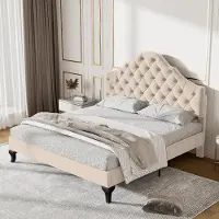 Sweiko -Lit capitonné 140 x 190 cm met zomer à lattes en tête de lit- lit capitonné met tête de lit réglable en hauteur- beige- zonder matras