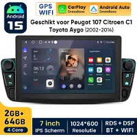 Hexinex Quad-Core autoradio Geschikt voor Peugeot 107/Citroen C1 (2005-2014) - Draadloos CarPlay, Android Auto, multimediaspeler, 2GB+64GB