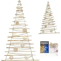 BOGATECO Handgemaakte kerstboom met decoraties, gemaakt van hazelnoothout | Decoratieve hangers | Houten panelen verbonden met een jute touw van 6 mm dik (205 cm met decoraties)