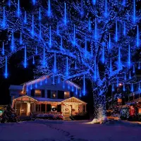 Lapamax Meteorschouw-lichtketting, binnen, 192 LED's, IP65, 7V, kerstverlichting, decoratie voor ramen, bomen en tuin, blauw