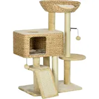 Youjia Kattenkraboom, 98 cm. Kattenboom met 2 ligvlakken, krabpaal met speelbal voor katten tot 6 kg, kattenmeubel, sisal, beige