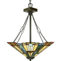 QUOIZEL Tiffany hanglamp Inglenook, dimbaar, brons / oud-messing, Woon-/ Eetkamer, metaal, Tiffany, Hanglamp