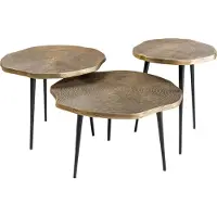 Invicta Set van 3 bijzettafels ORGANIC 60/50/40cm antiek messing metalen ronde boomstam zwarte poten - 42247