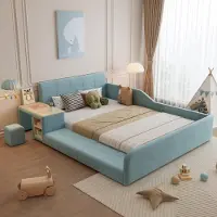 Sweiko gestoffeerd bed, eenpersoonsbed met kinderbureau en krukje, met opbergplank, zachte rugleuning, kinderbed met houten lattenbodem, fluweel, blauw, 140x200 cm