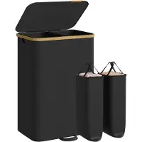 Songmics Wasmand met deksel, 150 liter, 2 vakken, bamboe frame