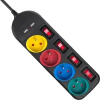 Macleans - Stekkerdoos met schakelaars met penaarde - 4-voudig + 2x USB - 250VAC/10A, 2,1A 5V - 1.5m - Zwart