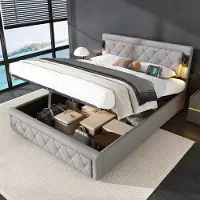 OKWISH Gestoffeerd Bed 160x200 cm - Downlights en USB-poort - Hydraulisch Met Opbergruimte - Linnen Bekleding - Grijs - Zonder matras
