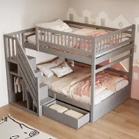 STILVORA Stapelbed 140x200 cm – Dubbel Slaapoppervlak Met Trapkast – Hoge Veiligheidshekken – Opberglade Onder Bed – Zonder matras – Hout – Grijs