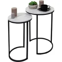 MCW Set van 2 bijzettafels -K46, salontafel nachtkastje loungetafel, marmeren look MDF ~ wit-zwart