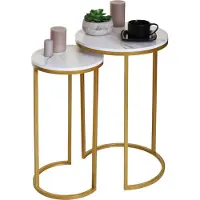 MCW Set van 2 bijzettafels -K46, salontafel nachtkastje loungetafel, marmeren look MDF ~ wit-goud