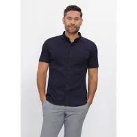 Desoto Slim Fit Jersey overhemd donkerblauw, Effen