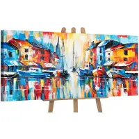YS Canvas schilderij panoramisch 115x50 handgeschilderd heldere haven maritiem – -Art Gallery – Vrolijke wanddecoratie voor woonkamer – Modern schilderij voor hal