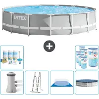 Intex Ronde zwembad met prismaramen – 457 x 107 cm – Grijs – Inclusief pomp, ladder, bodemzeil, afdekking, onderhoudspakket en filter