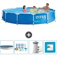 Intex Rond Frame Zwembad - 366 x 76 cm - Blauw - Inclusief Afdekzeil - Onderhoudspakket - Zwembadfilterpomp - Vloertegels