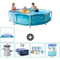 Intex Rond Frame Zwembad - 305 x 76 cm - Waterprint - Inclusief Pomp Solarzeil - Onderhoudspakket - Filter - Grondzeil - Solar Mat
