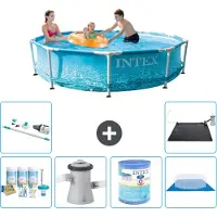 Intex Rond Frame Zwembad - 305 x 76 cm - Waterprint - Inclusief Onderhoudspakket - Zwembadfilterpomp - Filter - Grondzeil - Stofzuiger - Solar Mat