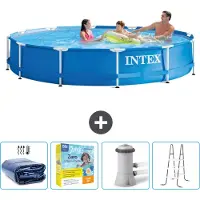 Intex Rond Frame Zwembad - 366 x 76 cm - Blauw - Inclusief Solarzeil - Onderhoudspakket - Zwembadfilterpomp - Ladder