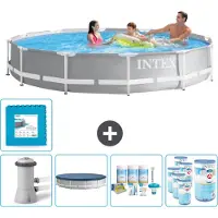 OEM Glazen rondzwembad - 366 x 76 cm - Grijs - Met pomp, afdekking, onderhoudspakket, filter en bodemtegels