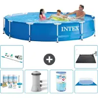 Intex Rond Frame Zwembad - 366 x 76 cm - Blauw - Inclusief Onderhoudspakket - Zwembadfilterpomp - Filter - Grondzeil - Stofzuiger - Solar Mat
