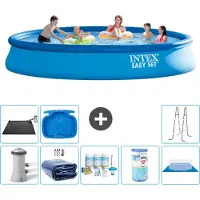 Intex Rond Opblaasbaar Easy Set Zwembad - 457 x 84 cm - Blauw - Inclusief Pomp - Solarzeil - Onderhoudspakket - Filter - Grondzeil - Solar Mat - Ladder - Voetenbad - 9-delig