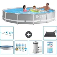 Intex Rond Prism Frame Zwembad - 366 x 76 cm - Grijs - Inclusief Afdekzeil - Onderhoudspakket - Zwembadfilterpomp - Filter - Schoonmaakset - Solar Mat