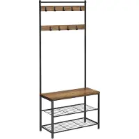 Hoppa! Vintage bruin-zwart kapstok met 9 haken en schoenenrek (2 niveaus) – 70×32×175 cm (BxDxH)