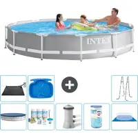 Intex Rond Prism Frame Zwembad - 366 x 76 cm - Grijs - Inclusief Afdekzeil - Onderhoudspakket - Zwembadfilterpomp - Filter - Grondzeil - Solar Mat - Ladder - Voetenbad