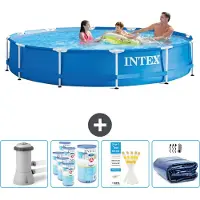 Intex Rond Frame Zwembad - 366 x 76 cm - Blauw - Inclusief Pomp Filters - Testrips - Solarzeil