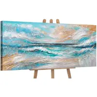 YS Canvas schilderij panoramisch 115x50 handgeschilderd zonnige vloed zon zee – -Art Gallery – Stralende wanddecoratie voor woonkamer – Modern schilderij voor hal