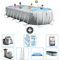 Intex Ovaal Prism Frame Zwembad – 610 x 305 x 122 cm – Grijs – Inclusief pomp, ladder, bodemzeil, afdekking, zoutwatersysteem, filter en zwembad zout