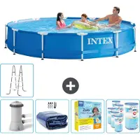 Intex Rond Frame Zwembad - 366 x 76 cm - Blauw - Inclusief Pomp Solarzeil - Onderhoudspakket - Filters - Ladder