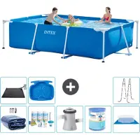 Intex Rechthoekig Frame Zwembad - 300 x 200 x 75 cm - Blauw - Inclusief Solarzeil - Onderhoudspakket - Zwembadfilterpomp - Filter - Grondzeil - Solar Mat - Ladder - Voetenbad - 9-delig