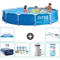 Intex Rond Frame Zwembad - 366 x 76 cm - Blauw - Inclusief Solarzeil - Onderhoudspakket - Zwembadfilterpomp - Filter - Grondzeil - Stofzuiger
