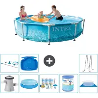 Intex Rond Frame Zwembad - 305 x 76 cm - Waterprint - Inclusief Pomp Solarzeil - Onderhoudspakket - Filter - Grondzeil - Schoonmaakset - Ladder - Voetenbad